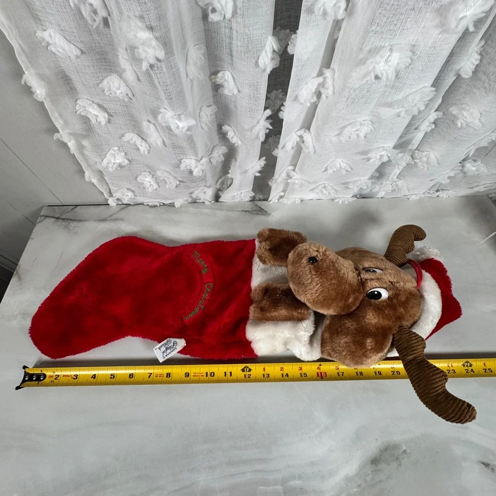 1988 Chrisha Playful Plush Moose Christmas Stocking Reindeer Moose in‎ Santa Hat